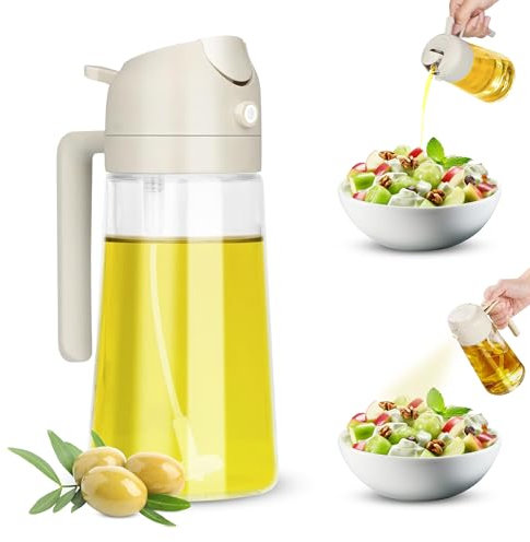 DUEXSO | 3 en 1 Pulverizador Aceite Spray Vidrio | Aceitera Antigoteo | Spray Aceite Cocina 470ml | Rociador Freidora de Aire | Dispensador Aceitera para Cocinar | Difusor de Niebla Fina (Beige)