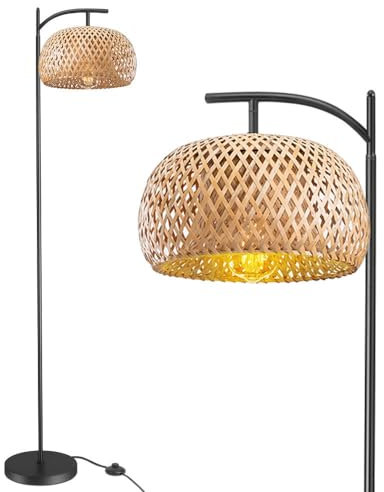Leomix Bogen Stehlampe Für Wohnzimmer Mit 3 Farbtemperaturen, Bauernhof Stehlampen, Boho Stehlampe Mit Rattan & Stoffschirme, Einstellbare Hohe Lampe Für Schlafzimmer, Büro