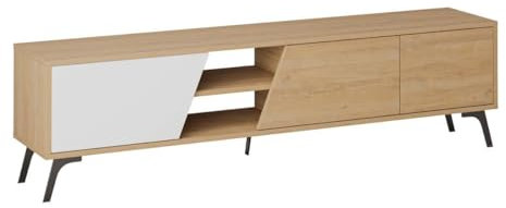 Calicosy Meuble TV 3 Portes et 2 Niches Décor Chêne et Blanc Fiona - L180 cm - en Panneaux de Particules - L180 x l35,6 x H48 cm