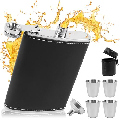 Edelstahl Flachmann Alkoholflasche 8oz Flachmann Set Tragbare Flachmann Mit Trichter Und 4 Becher Für Väter Männer Für Wandern Hochzeit Camping Klettern Picknick (schwarz)