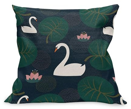 ABAKUHAUS Swans Kissenbezug, Moderne Muster der Schwimmvogel Blush tonte Seerose und Blätter, Kissenhülle mit Reißverschluss Beidseitiger Druck, 65 x 40 cm, Dunkelblau und Mehrfarbig