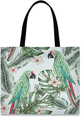 Strandtasche Palmblatt-Blumen-Papageienvogel Einkaufstaschen Aesthetic Canvas Tasche Faltbare Tragetasche Für Reise Einkaufen Feiertags 40X50cm