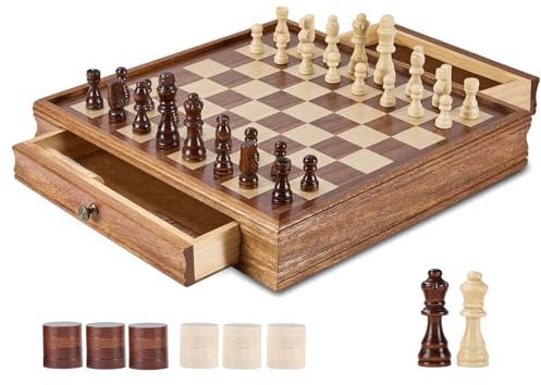 VEVOR Schachspiel aus Massivholz, 2-in-1 Schach-Dame-Spielset, 38 cm Schachbrettspiele mit Aufbewahrungsschublade & Schachfiguren, für Turniere, Profis und Anfänger von Erwachsenen & Kindern