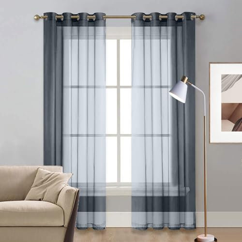 LIUNADM Gardine Halbtransparent mit Ösen 200 x 195 cm Wärmeisolierend, Ösenvorhang Querbehang Gardine Durchsichtig Tüllstoff für Küche Wohnzimmer Landhaus, Grau