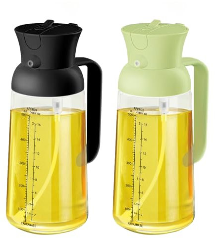 YARRAMATE 18oz/550ml Olive Oil Sprayer Mister with Measuring Scale, 2-in-1 Glass Bottle Dispenser for Cooking, Pour and Spray, Kitchen Use for Air Fryer, BBQ (Black & Green)