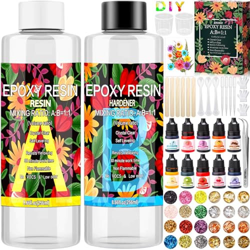 ENCOUN Epoxidharz Set Anfänger 510ml, 1: 1-Verhältnis Glasklar Gießharz Sets, Harz Gießen Zubehör mit Glitzer, Holzstäbchen, Messbecher, Epoxidharz Anfänger Sets für Handwerk, Kunstprojekt