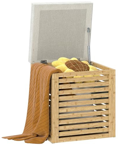 HOMCOM Coffre de Rangement, Tabouret de Rangement de 54.76 L, Design lamellé, Cadre en Bambou Naturel, Charge jusqu'à 120 kg, 40 x 40 x 47 cm, Bois Naturel