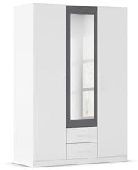 Rauch Möbel Belfast Kleiderschrank, Schrank, Garderobe, Organizer, 3-türig, mit Spiegel, 2 Schubladen für mehr Stauraum, Farbe Weiß, Stangengriff Weiß, 136x197x54cm