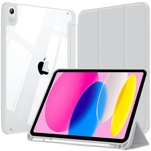 EspZanthic Funda para iPad (A16) 11.ª/10.ª Generación (2025/2022) con Ranura Especial para Lápiz y Adaptador, Clara Transparente Trasera Soporte Antigolpes Cover Tableta, Gris Plata