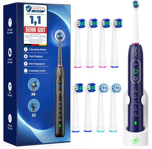 Rotierende Elektrische Zahnbürste für Erwachsene und Kinder mit 8 Aufsteckbürste (2 Typen), 3 Intensitäten, 5 Modi, Electric Toothbrush mit Wandhalterung Ladestation (Blau)
