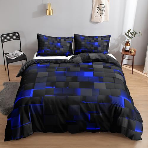 HOSIMA Technologie Würfel 3DMuster Bettwäsche,155 x 220 cm,Schwarz Blau,Bettwäsche-Set,1 Bettbezug,2 Kissenbezug,mit Reißverschluss,geeignet für Kinder,Jugendliche und Erwachsene