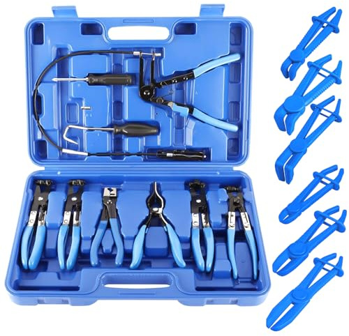 FreeTec 15tlg Schlauchklemmenzange Schlauchabklemmzange Set, 9 Schlauchschellenzange und 6 Schlauchabklemmzange, Klemmschellenzange kfz Abgewinkelte Federschellenzange Clic R Schellen Zangen für Auto