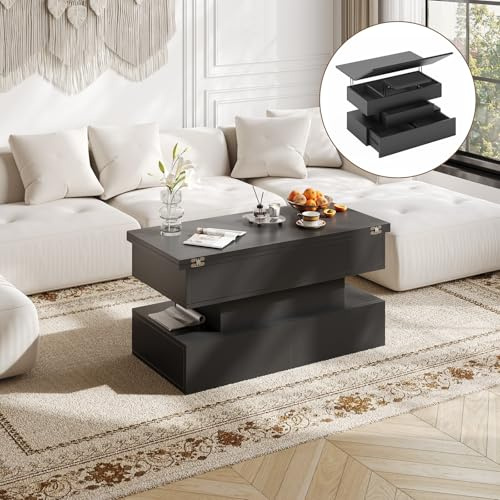 FUSOU Couchtisch Höhenverstellbar, Wohnzimmertisch mit Stauraum, 3 Schubladen & Versteckter Aufbewahrung, Multifunktional als Kaffeetisch, Esstisch oder Arbeitsplatz, für Wohnzimmer, Büro, Schwarz