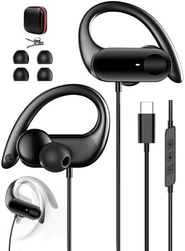 AIAUXAI USB C In Ear Kopfhörer mit Ohrbügel, Mikrofon & Kabelfernbedienung | Kopfhörer mit Kabel für Samsung S26 S25 S24 A17, für iPhone 18 Pro 17 16 15, Headphones für Google 10 9 8 Büro Sport Musik
