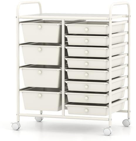 COSTWAY 9/12 Drawers Storage Cart, Multipurpose Utility Rolling Trolley with Lockable Wheels, Mobile Organiser Shelving Unit for Home Office Makeup Beauty Salon (Cream White, 12 Drawers)
