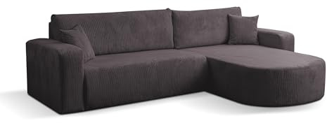 VENASI MÖBEL Ecksofa Tokio, Eckcouch in L-Form mit Schlaffunktion und Bettkasten, Farbe: Dunkelgrau, Cordstoff, Ottomane Universal