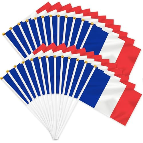 25 Pezzi Bandiera Francese a Mano, Bandierine con Asta in Poliestere, 14 x 21 cm, Ideali per Eventi Sportivi, Feste Nazionali e Decorazioni per Bar