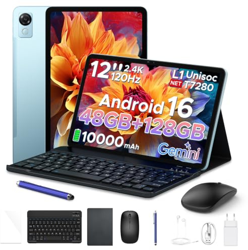 P12 Tablet Android 16, Tablet 12 pulgadas, 48GB RAM+128GB ROM/2 TB TF, IPS 2,4K, Pantalla 120 Hz, 10000mAh/18W, T7280 Octa-core, 8MP+13MP, WiFi 5G, Gemini AI, Face ID, GPS, Tableta con Teclado, Azul
