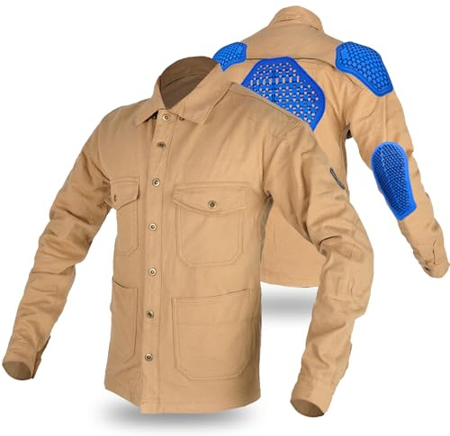 SHUOJIA Camisa de Moto para Hombre, Camisa de Moto para Hombre Reforzada con Bicicleta, Armadura extraíble, Chaqueta Resistente Forrada con Fibras protectoras de aramida (Khaki,3XL)