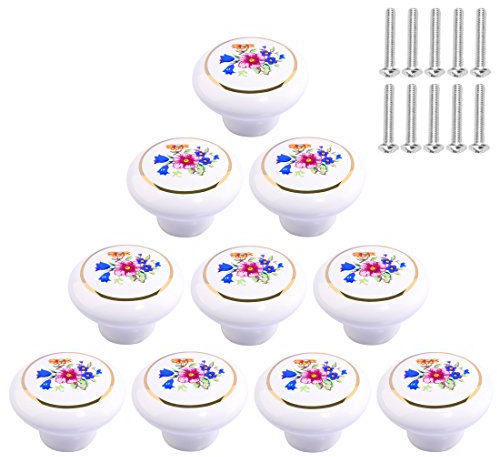 Lommer Möbelknopf Keramik 10 Pcs Europäisch Blume Möbelknöpfe, Möbelgriff Mode Keramik Kinder Porzellan Knopf für Schränke Schublade Kleiderschrank und Andere Möbel, Weiß (Blume)