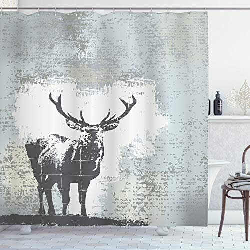 ABAKUHAUS Geweih Duschvorhang, Hirsch Silhouette Grunge, Stoffliches Gewebe Badezimmerdekorationsset mit Haken, 175 x 220 cm, Grau schwarz