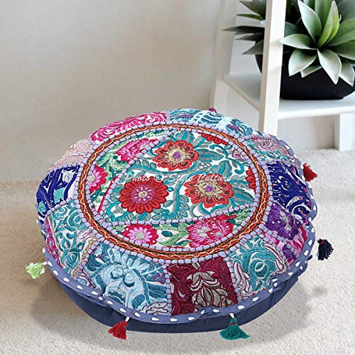 Stylo Culture Indisch Dekorativ Rund Bodenkissenbezug Boho 45x45 cm Klein Sitzpouf Kissen Vintage Grau Bohemien Patchwork Wohnzimmer Baumwolle Bestickt Rund Kissenbezug