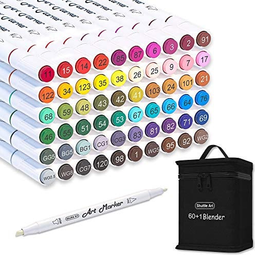 Shuttle Art 61 Colours Alcohol Markers, Dual Tip Art Markers and Blender Art Pens for Drawing, Sketching Highlighting, Marker Pens with Carrying Case for Artists and Adult Colouring Manga Design