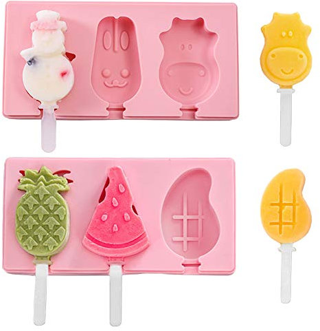 XYDZ Moldes Helados Silicona, 2 Moldes para Polos Sin BPA, Apilable, Recipientes para Helados en Forma de Fruta y Animal para Niños, Adultos (con 6pcs Palos de Plastico reutilizable)
