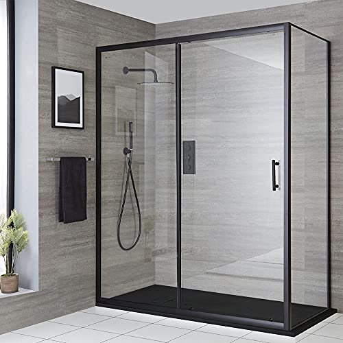 Milano Nero Black Corner Walk in Sliding Door Shower Enclosure Graphite Tray - 1200mm x 800mm