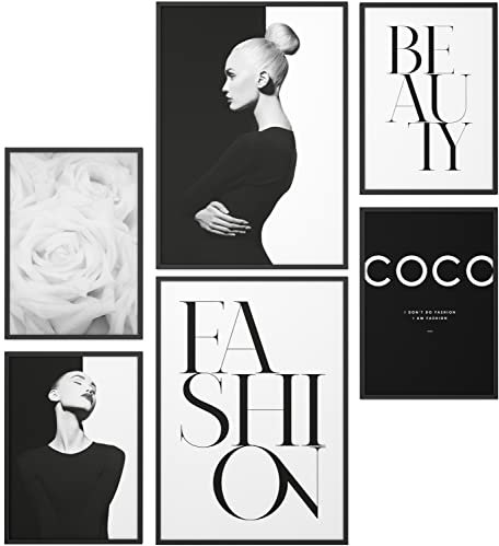 Papierschmiede® XXL Mood Poster Set Coco Black Beauty, Gerahmte Bilder (Aluminium Rahmen, Farbe wählbar), Wohnzimmer Deko Wandbilder Schlafzimmer, 2x A2 und 4x A3, Schwarz Weiß Design Rose Fashion