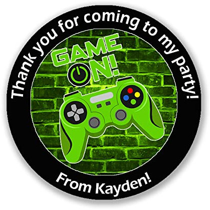 24 x Personalised Gaming Birthday Stickers for Party Thank You Sweet Cone Bags Video Games Party Bus - (D1 - Green)