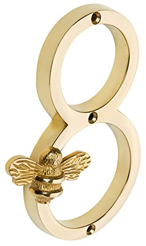 Gold Brass bee House Number with Bee design | 5 inch Modern Door Sign Numbers Signs Plaques | Street Home Address Numerals (8)