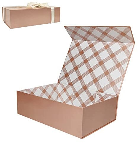 Tekhoho Roségold Große Geschenkbox 33x23.7x10 cm, Premium Geschenkbox mit Magnetdeckel und Geschenkband für Feiertage Hochzeit Geburtstag Geschenkverpackung, Kariertes Innenfutter