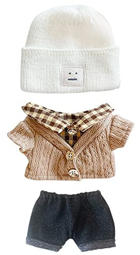 niannyyhouse 20 cm Plüschpuppe Kleidung Hut Knopf Pullover Denim Flansch Jeans Puppe Dressup (weiß + braun)