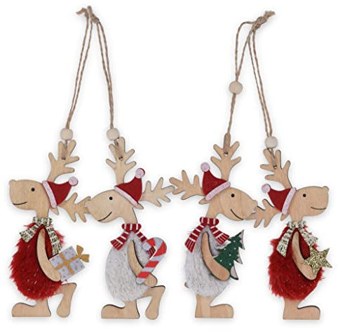 4-teiliges Set Weihnachtsanhänger Weihnachten Holzanhänger Christbaumschmuck Baumschmuck zum Hängen Weihnachtsdeko mit Filz und Plüschfell verziert (Rentier mit Geschenk)