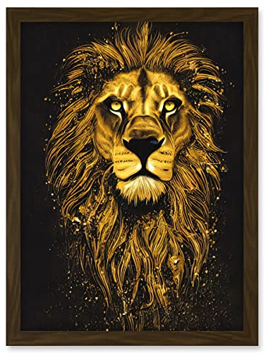 Doppelganger33 LTD King Of The Pride Male Lion Golden Mane Painting Gustav Dore Style Black And Gold Artwork Framed Wall Art Print A4
