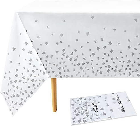 Topeedy 1 mantel blanco y plateado, 137x274 cm, cubierta de mesa desechable impermeable para fiesta de cumpleaños, decoración de boda
