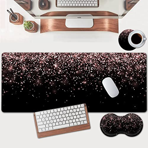 Large Mouse Pad, Extended Office Desk Pad 31.5x11.8in, Ergonomic Memory Foam Mouse Wrist Rest Support for Home Office Computer Writing Pad, Rose Gold Gradient Gilt Pattern XXL Black Gaming Mouse Mat