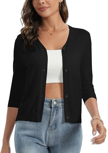 Damen Strickjacke 3/4 Arm Feinstrick Cardigan mit Knöpfe Weiche Leichte Kurzjacke Herbst Basic Jacke für Alltag Schwarz, L