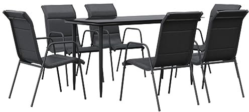 Tidyard 7-TLG. Garten Essgruppe 6 Personen, Sitzgruppe Outdoor, Esstisch mit Glas-Tischplatte & Stühle, Terrassenmöbel Essgruppe, Gartenmöbel Set Stahl und Textilene, Schwarz
