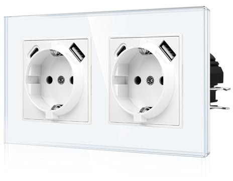 CNBINGO USB Doppelsteckdose mit Steckklemme - Glas Schuko Steckdose Unterputz mit USB - 2× (Typ-C und USB-A 2,1 Amp) - Weiß Wandsteckdose