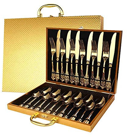 Juego de Cubiertos con Maleta Dorada Elegante Juego de Cubiertos de Acero Inoxidable Tallado Cuchillo Tenedor Cuchara Espejo Pulido para Bodas, Cumpleaños, Restaurantes, Hoteles(Oro 24 Piezas)