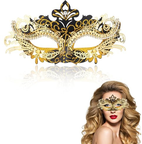 Goenb Masquerade Mask for Women - Mardi Gras Mask with Metal Rhinestone Details - Venetian Style (SBL-weinisi-black gold)