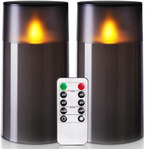 Homemory Realistische flackernde flammenlose Kerzen mit tanzender Flamme, batteriebetriebene Kerzen mit Fernbedienung und Timer, graues Acryl, wasserdicht für den Außenbereich, 8 cmx15,2 cm, 2er-Set