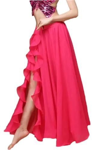 Gonna sexy per danza del ventre laterale tirando lungo raso solido gonna signora danza del ventre gonne costume gonna, Fucsia, Taglia unica