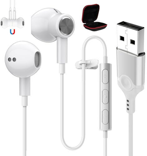 USB Headphones with Microphone for PC 7.5 Ft Cable, USB A Headset for Computer, Wired USB Earbuds with Mute Stereo Noise Canceling Call Cord Earphones for Laptop Dell Lenovo Surface PS5 Switch, White