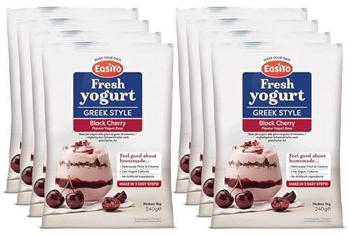 EasiYo Joghurt nach griechischer Art mit Schwarzkirschegeschmack, 8 Beutel | Jeder Beutel ergibt 1 kg Joghurt
