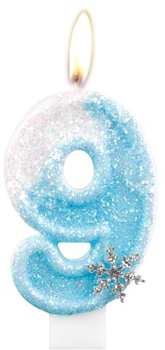 Geburtstagskerzen, glitzernde Zahlenkerze zum 9. Geburtstag, Schneeflocke, Zahl 9, Kerzen für Kuchen, blau-weiße Eiskönigin Kuchen-Kerzen, Toppers für Mädchen, Geburtstagsdekorationen, Partyzubehör