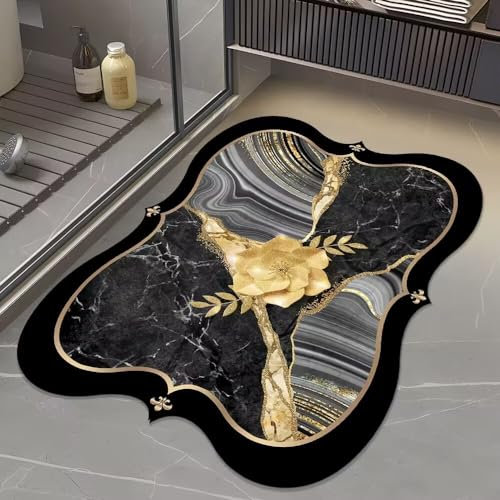 Badezimmerteppich 60X90Cm Schwarze Und Goldene Blumen Badteppich rutschfest Waschbar,Duschvorleger Schnelltrocknend,Stein Badematte,Diatomite Stone Bath Mat,Super Absorbierende Badvorleger