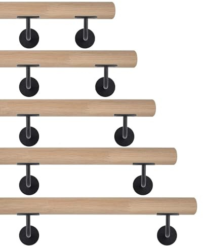 TIBU Eiche Holz Handlauf keilgezinkt unbehandelt Geländer 0,3m - 6m, Länge 120 cm und 2 Edelstahl Halter Schwarz